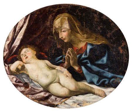 Scuola Emiliana del XVII secolo Madonna in adorazione sul Bambino dormiente