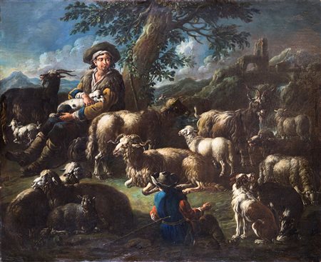 Domenico Brandi (Napoli, 1684 - Napoli, 1736) Paesaggio con giovani pastori e animali al pascolo