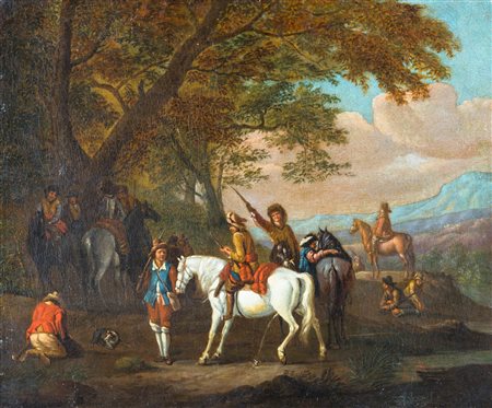 Pittore fiammingo del XVIII secolo Sosta di cavalieri