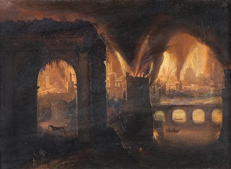 Alessio De Marchis (seguace di) (Napoli, 1684 - Perugia, 1752) Enea e Anchise in fuga da Troia in fiamme