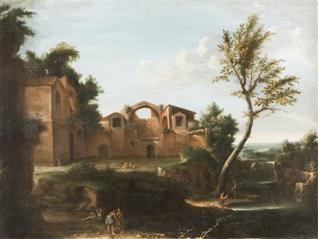 Pittore Romano del XVIII secolo Paesaggio con edifici e figure