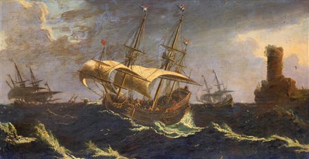 Scuola Fiamminga del XVIII secolo Velieri in mare burrascoso