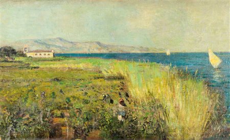 Francesco Paolo Michetti (Tocco Di Casauria, 1851 - Francavilla a Mare, 1929) Veduta costiera di Francavilla a mare con figure e barche a vela