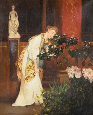 Luigi Bazzani (1836 - 1927) Interno con figura in stile pompeiano