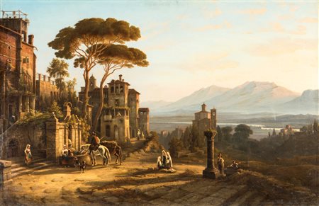 Henry (Karl Heinrich) Jaeckel (pre 1842 - post 1876) Veduta con architetture e figure