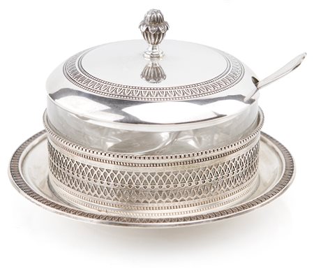 Formaggera in cristallo e argento con coperchio e cucchiaio in metallo argentato