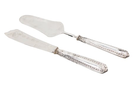 Paletta e coltello da dolce in argento e acciaio dorato