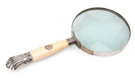 Grande lente da tavolo in argento e avorio, città di Sheffield 1891, argentiere Harry Hobson