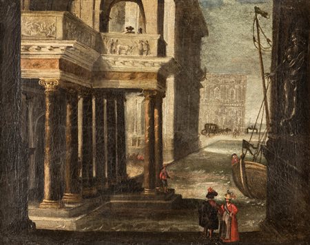 Anonimo del XVIII Secolo Capriccio architettonico con figure e galeone