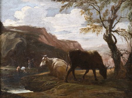 Scuola Romana del XVII secolo Paesaggio fluviale con buoi e figure in lontananza 