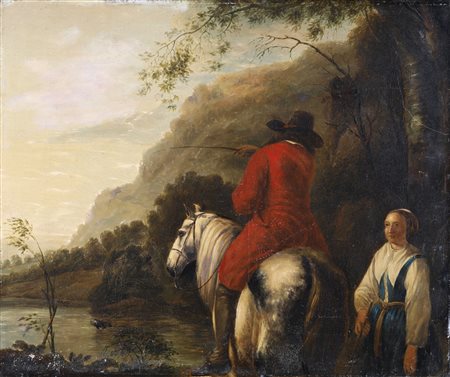 Albert Jacobszoon Cuyp (Dordrecht, 1620 - Dordrecht, 1691) Paesaggio fluviale con cavaliere e contadina