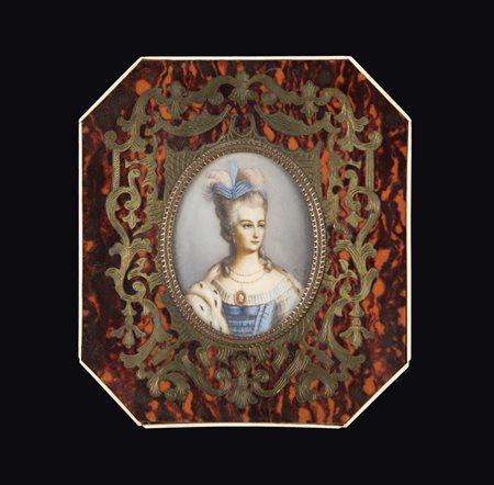 Miniaturista del XVIII secolo Gentildonna con aigrette, perle e cameo