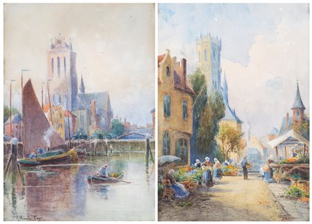 Henry Maurice Page (1845 - 1908) a) Veduta del mercato delle erbe  b) Veduta del fiume Zwin