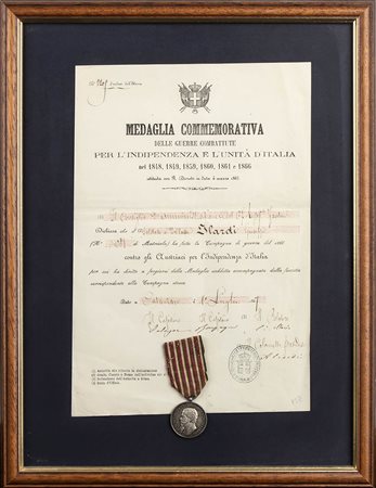 ITALIA, REGNO - MEDAGLIA COMMEMORATIVA PER L’UNITA’ D’ITALIA E DIPLOMA DI CONCESSIONE