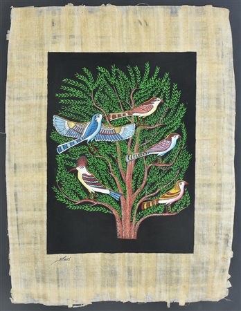 STAMPA EGIZIANA SU PAPIRO raffigurante albero con pennuti cm 48x36