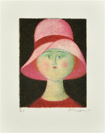 Antonio Bueno CAPPELLINO litografia su carta, cm 25x21; es. prova d'autore firma