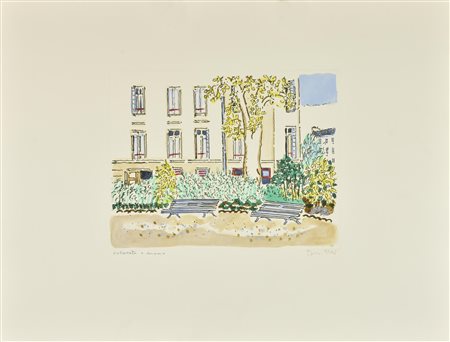 Orfeo Tamburi GIARDINO PARIGINO incisione su carta colorata a mano, battuta...