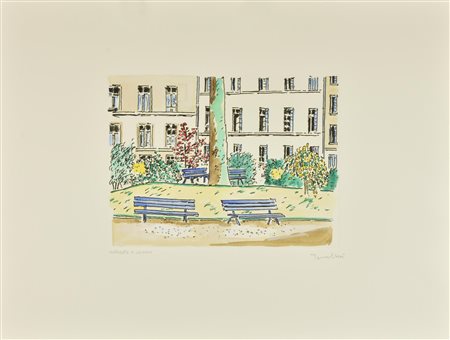 Orfeo Tamburi PANCHINE A PARIGI incisione su carta colorata a mano, battuta...