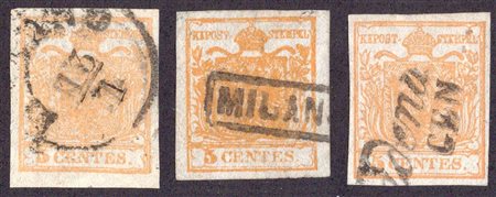 1850, 5c. In tre diverse tonalità. (A+/A) (Cat.750++)