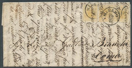 Lettera da Milano per Como affrancata tarmite 3 esemplari da 5c Giallo Ocra N.1. (A+) (Cat.2250)