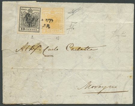 18.6.1851, lettera affrancata per 15c. Tramite un 5c.Giallo Arancio Chiaro N.1f e un 10c. Nero N.2. (A+) (Cert. Sorani) (Cat.1500++)