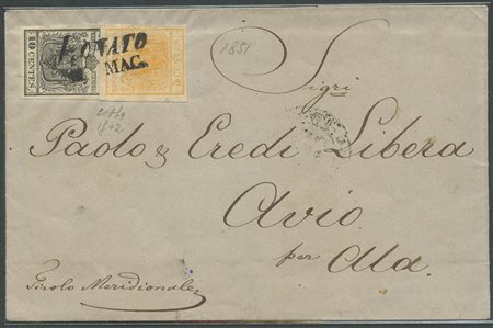 1851, Lettera da Lonato per Avio affrancata per 15 centesimi tramite un 5c.