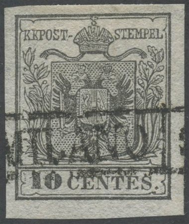 1850, 10c. Grigio nero Prima Tiratura N.2b. Carta Sottile. (Lux) (Colla) (Cat.700++)