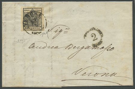 17.4.1855, Lettera da Verona per Città affrancata tramite un 10c. Nero N.2. (A+) (Raybaudi, Chiavarello) (Cat.750++)