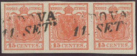 1850, 15c. Rosso Vermiglio N.3e in striscia di tre usata. Il primo esemplare a sinistra presenta due invisibili pieghe. (A-) ( Cert. Raybaudi) (Cat.550)