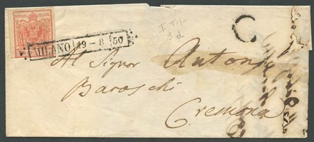 19.8.1850, Lettera da Milano per Cremona affrancata tramite un 15c.Rosso I° Tiratura N.3a. (A) (Cat.300++)