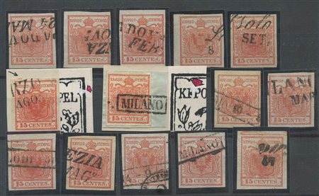 1850, 15c. I tipo N.3 piccolo studio dei difetti di clichè. Tutti di ottima qualità, diversi firmati. (A+/lux) (--)