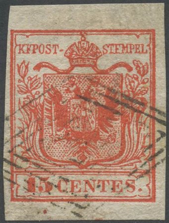 1850, 15c. N.3d Rosso Carminio Vivo annullato con il Muto di Bergamo (pt.R2).  (A+) (Cat.--)