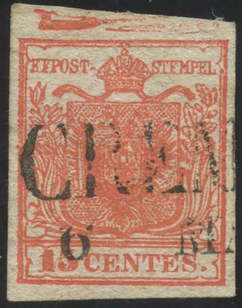 1850, 15c Rosso Vermiglio N.3e con evidente impronta tipografica nel margine superiore. (A+) (Cat.--)
