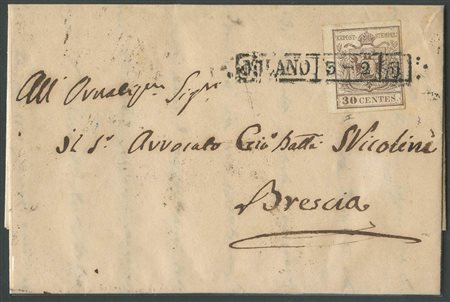 3.2.1851, Lettera da Milano per Brescia affrancata tramite un 30c.  Bruno Chiaro 1° Tiratura N.7a. (A) (Cat.300)