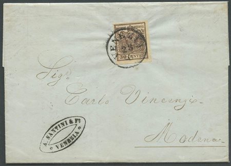 28.6.1853, Lettera da Venezia per Modena affrancata tramite un 30c. (Primo Porto per lettere inviate entro la II° distanza, raggio di 10-20 leghe). (A+) (Cat.160++)