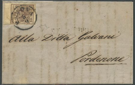 1850, Lettera da Padova per Pordenone affrancata con un 30c. II° tipo con carta Batonnè (Pseudo Vergata), bordo di foglio in alto. (A+) (Chiavarello) (--)