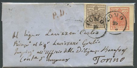 16.05.1854, Lettera da Como per Torino affrancata per 45c. Tramite un 30c. Bruno Chiaro N.7a (Prima Tiratura) ed un 15c.Rosso Vermiglio N.20. (A+) (Vaccari) (Cat.330++)