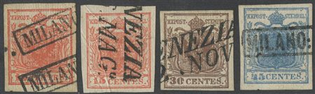 1851, Carta a Coste Verticali serie completa N.14/17. Notata costolatura parziale sul 45c. (A+) (2950++)