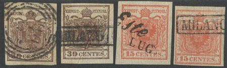 1851, Carta a coste verticali lotto di 4 esemplari sciolti e due lettere. Tutti di ottima qualità. (A+/Lux) (Cat.2250++)