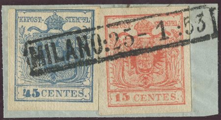 1853, 45c. Carta Costolata (Cotelè) e 15c. Carta a macchina N.20 su piccolo frammento annullato tramite il R53 di Milano. Molto Interessante la tonalità di colore del 45c. (A+) (Cat.1400++)