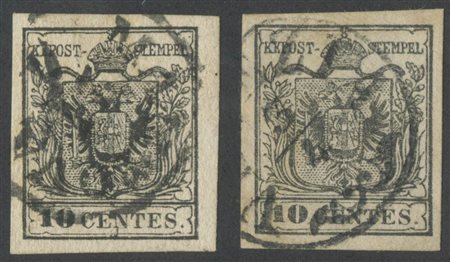 1857, Carta a Macchina 10c. Nero N.19 e 10c. Nero Grigio N.19a, usati entrambi di ottima qualità e firmati. (A+) (A.Diena, Raybaudi)