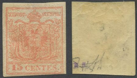 1854, 15c. N.20d Rosa Salmone carta a macchina, nuovo con gomma. (A) ( A. Diena, Cert. Ferchenbauer) (Cat.4.000++)