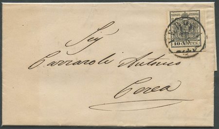 Lettera da Verona per Cerea affrancata tramite un 10c. Nero N.19 carta a macchina, tre grandi margini e sfiorato in alto. Non comunte l'uso del N.19  per distretto postale. (A-) (6000) 