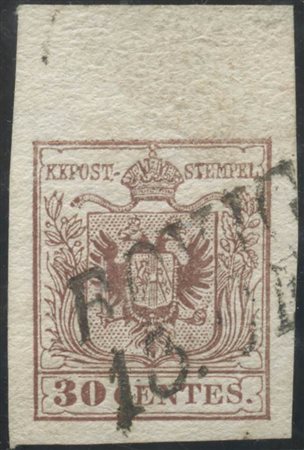 1854, 30c. Bruno Lillaceo N.9 con bordo di foglio in alto. (Lux) (Cat.35++)
