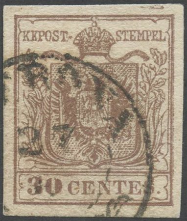 1855, 30c. Bruno N.21, carta a macchina, con impronta tipografica nel margine superiore. (A+) (Cat.2250)