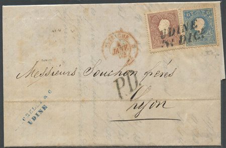 31.12.1861, lettera da  Udine per Lione affrancata per 25s. Tramite un 10s. N.31 Bruno, 15s. N.32 Azzurro. (A) (Cat.650)