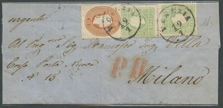 19.1.1863, Lettera da Venezia per Milano affrancata per 16soldi tramite un 10s. N.34 e due esemplari da 3s. N.35. (A+) (1000++) 