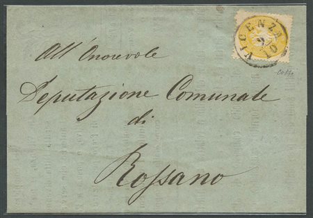 1865, Lettera da Vicenza per Bassano affrancata tramite un 2s. Giallo N.36. Tariffa per circolari a stampa, senza tener conto della distanza. (A+) (Colla) (Cat.1000)