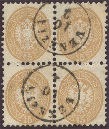1864, 15s. N.45 Bruno in quartina usata. (A) (Raybaudy, cert. Chiavarello) (Cat.8.500)