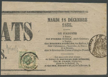 1853, Francobolli per Giornali 2Kr. Verde Scuro su frammento di giornale. (A+) (Golinelli) (Cat.180++)